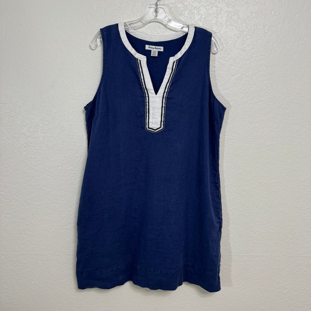 Tommy Bahama Dress Womens Large Blue Linen Sleeveless Shift V Neck Coastal